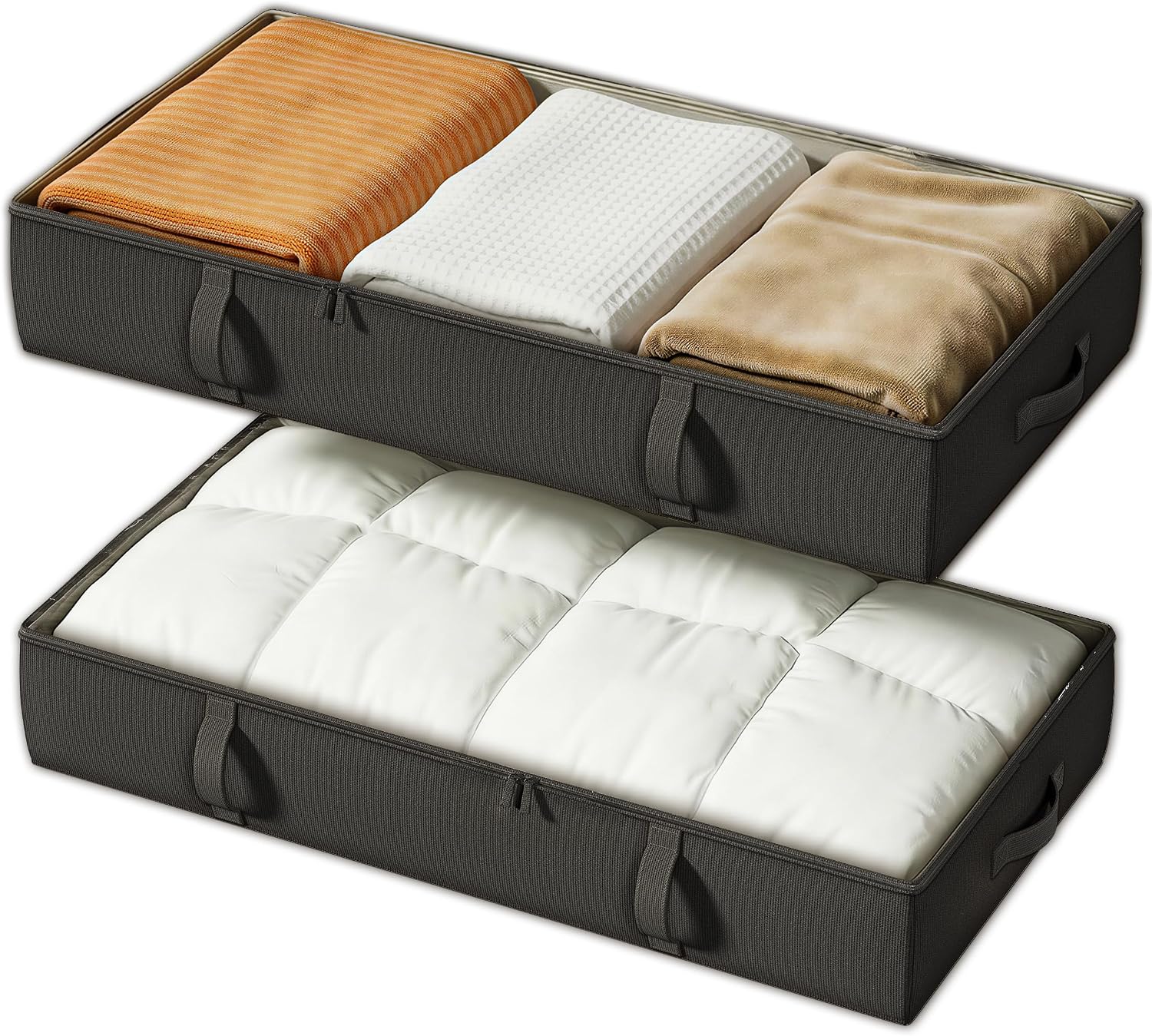 Side-Supported Under Bed Storage Containers, 6 Inch 60L Clothes Storage Bin | Underbed Storage Bin with Sturdy Handles and Sidewalls, Closet Organizer for Clothes, Blankets, Seasonal Items, Black, 2 Pack