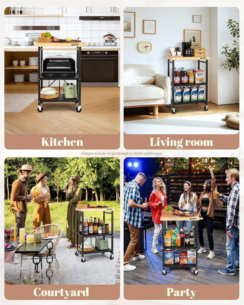 Foldable Kitchen Storage Cart, Solid Oak Top, Locking Wheels | Foldable 3-tie...