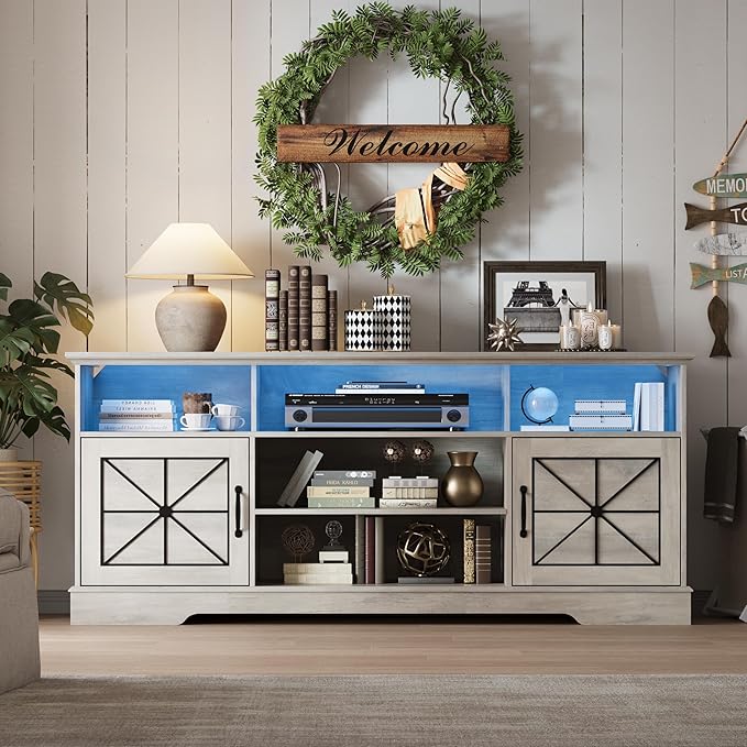 Farmhouse TV Stand for 65/60/55 Inch Tvs, Rustic Entertainment Center with LED Lights and Power Outlets, Modern Media Console Table, Wood Television Furniture for Living Room, Bedroom, Grey