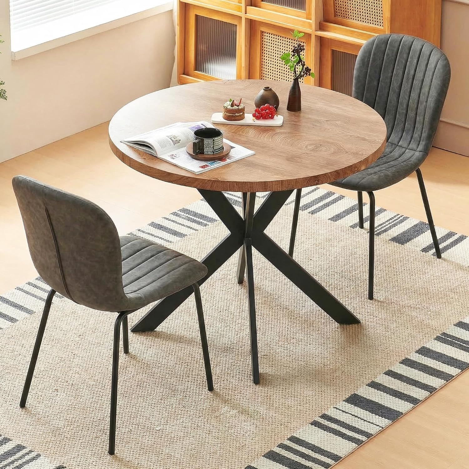 37 Inch Round Dining Table Set for 4, Modern Small Circle Kitchen Coffee Set for Apartment Living Room Office, Save Space(1 Wooden Table + 2 Grey PU Leather Chairs)