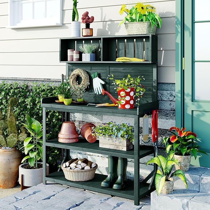 Merax 65" Large Wooden Farmhouse Rustic Outdoor Potting Bench Table with 4 Storage Shelves and Side Hook, Patio Workstation, for Garden, Backyard, Forest Green