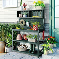 Merax 65" Large Wooden Farmhouse Rustic Outdoor Potting Bench Table with 4 Storage Shelves and Side Hook, Patio Workstation, for Garden, Backyard, Forest Green
