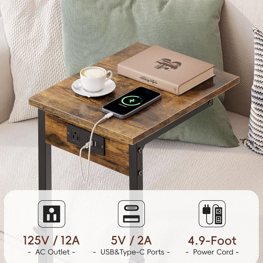 Vagusicc C Shaped End Table with Charging Station, 33"Tall Side Table fo...