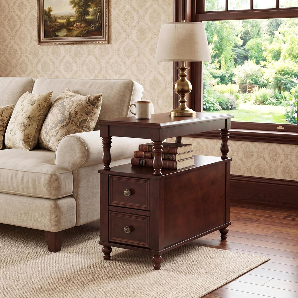 Tribesigns Solid Wood End Table, Vintage Side Table with 2 Drawers & 2-Ti...