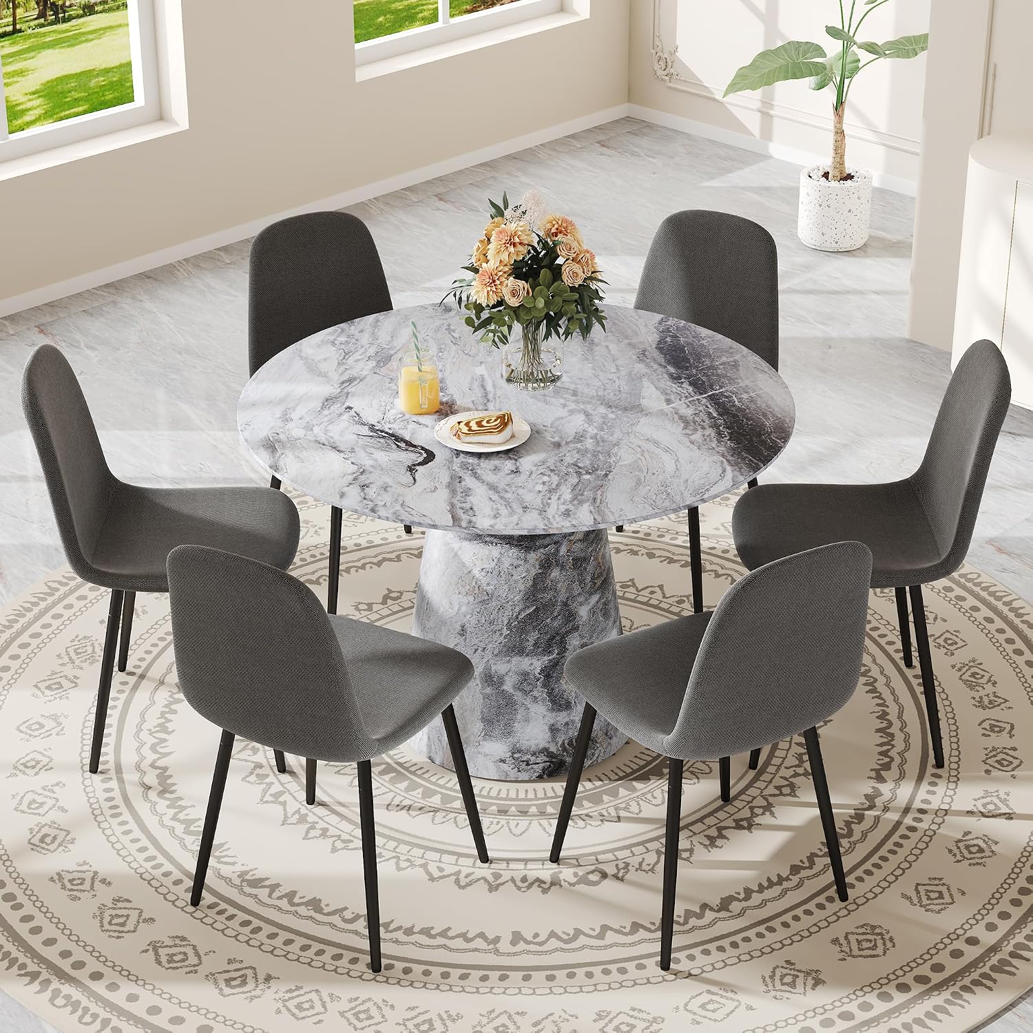 Round Dining Table Set for 6, 45" Modern Faux Marble Kitchen Table and Upholstered Chairs, 7 Piece Circle Dinner Set for Dining Room, Kitchen (Marble Gray Set)