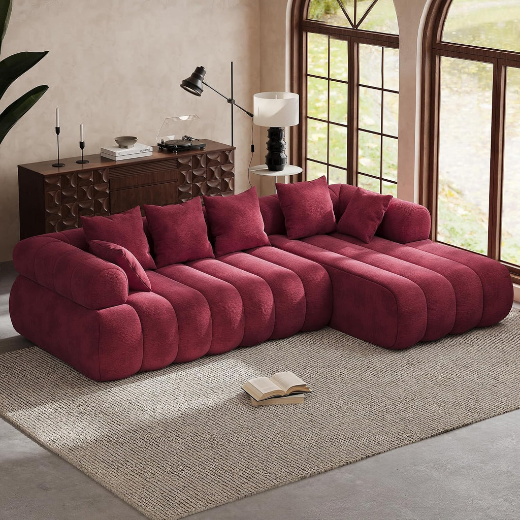 111" Modern Boneless Couch, Chenille Modular Cloud Couch for Living Room, Deep Seat Sectional Sofa with Chaise Lounge, No Assembly Required, Red