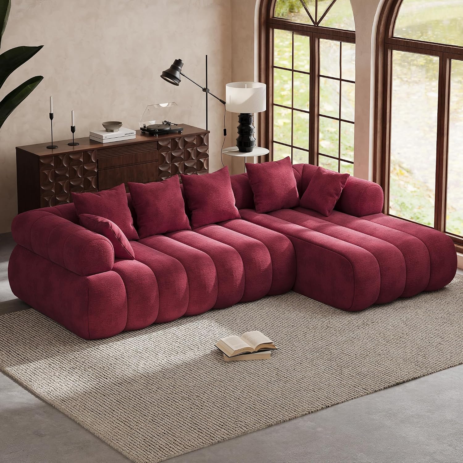 111" Modern Boneless Couch, Chenille Modular Cloud Couch for Living Room, Deep Seat Sectional Sofa with Chaise Lounge, No Assembly Required, Red