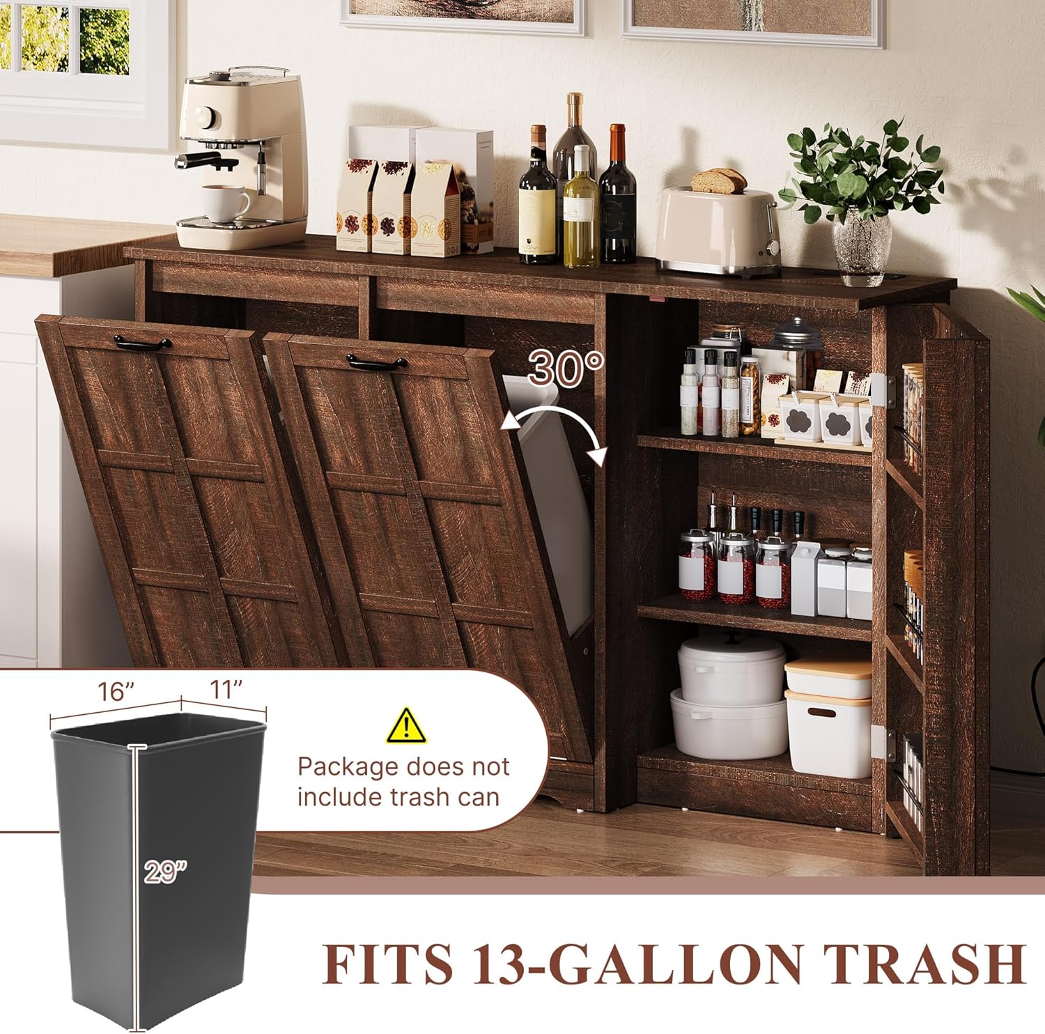 YITAHOME Kitchen Island with Power Outlet, 2 Tilt-Out Compartments | 2 tilt‑out compartments fit 13‑gallon trash bins. Adjustable shelf meets your storage demands
