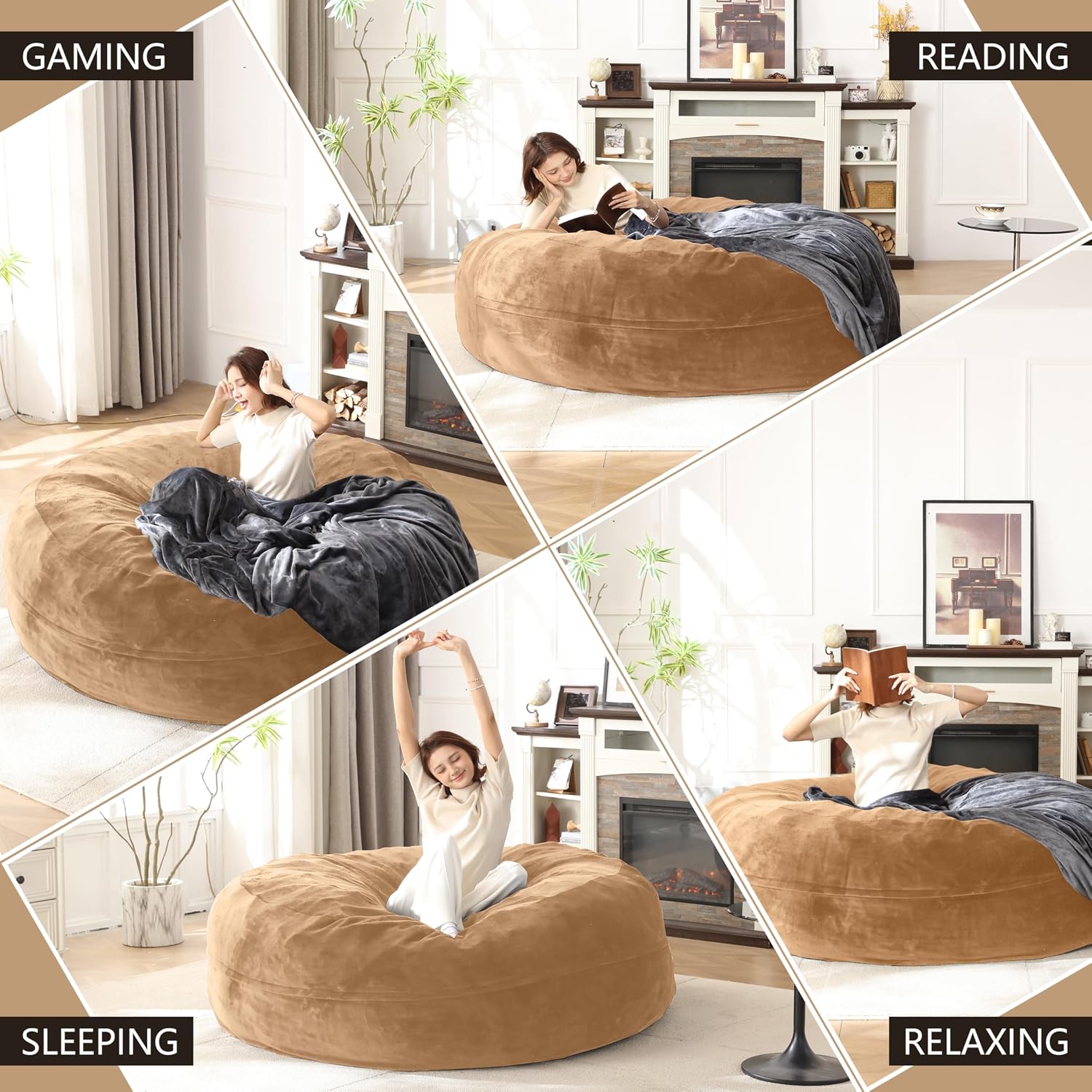Bean Bag Chair for Adults Soft Comfy Bean Bag for Adults, Cozy Reading Chair, Large Round Bean Bag Couch, Versatile Living Room & Bedroom Chairs (Apricot, 6FT)