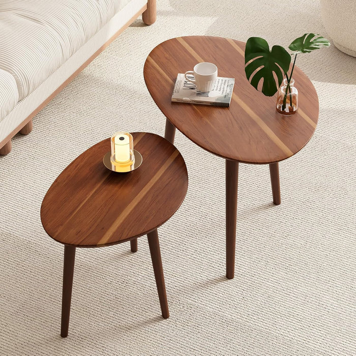 2 PCS Small Oval Coffee Tables,Walnut Mid Century Modern Nesting Tables