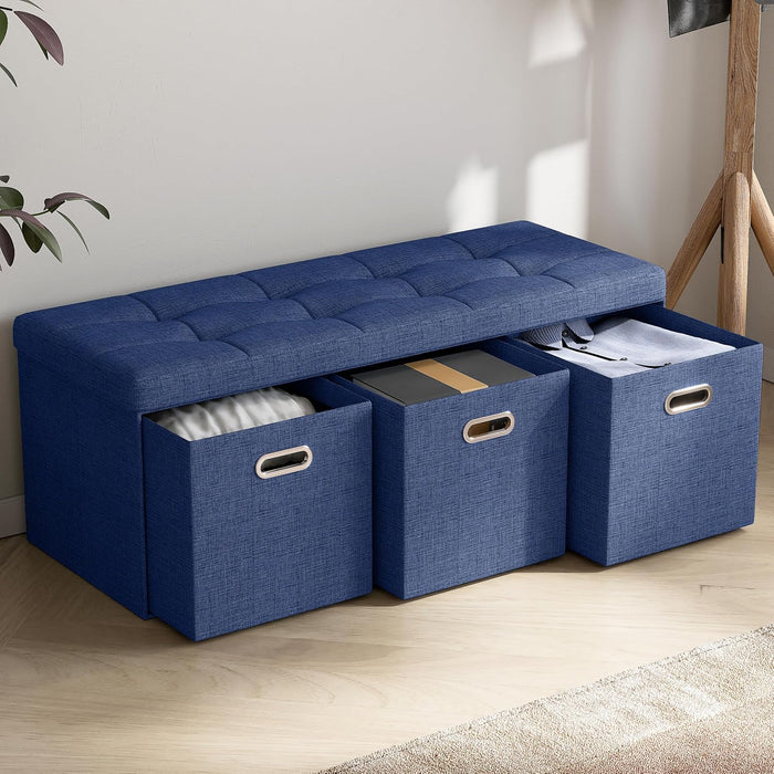 Ornavo Home 40 Inch Storage Ottoman with 3 Drawers, Tufted Linen, Navy Blue