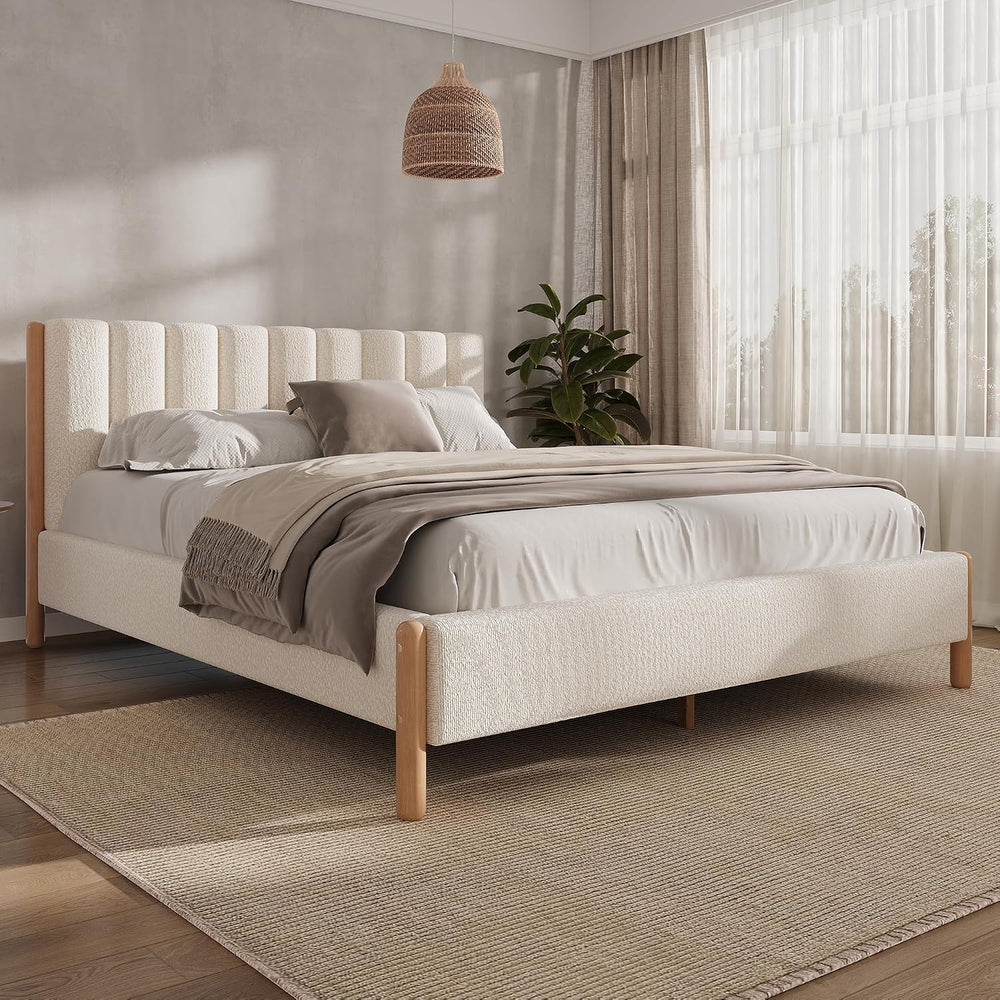 Peanu Queen Bed Frame, Boucle Upholstered Headboard, Solid Wood Legs, White
