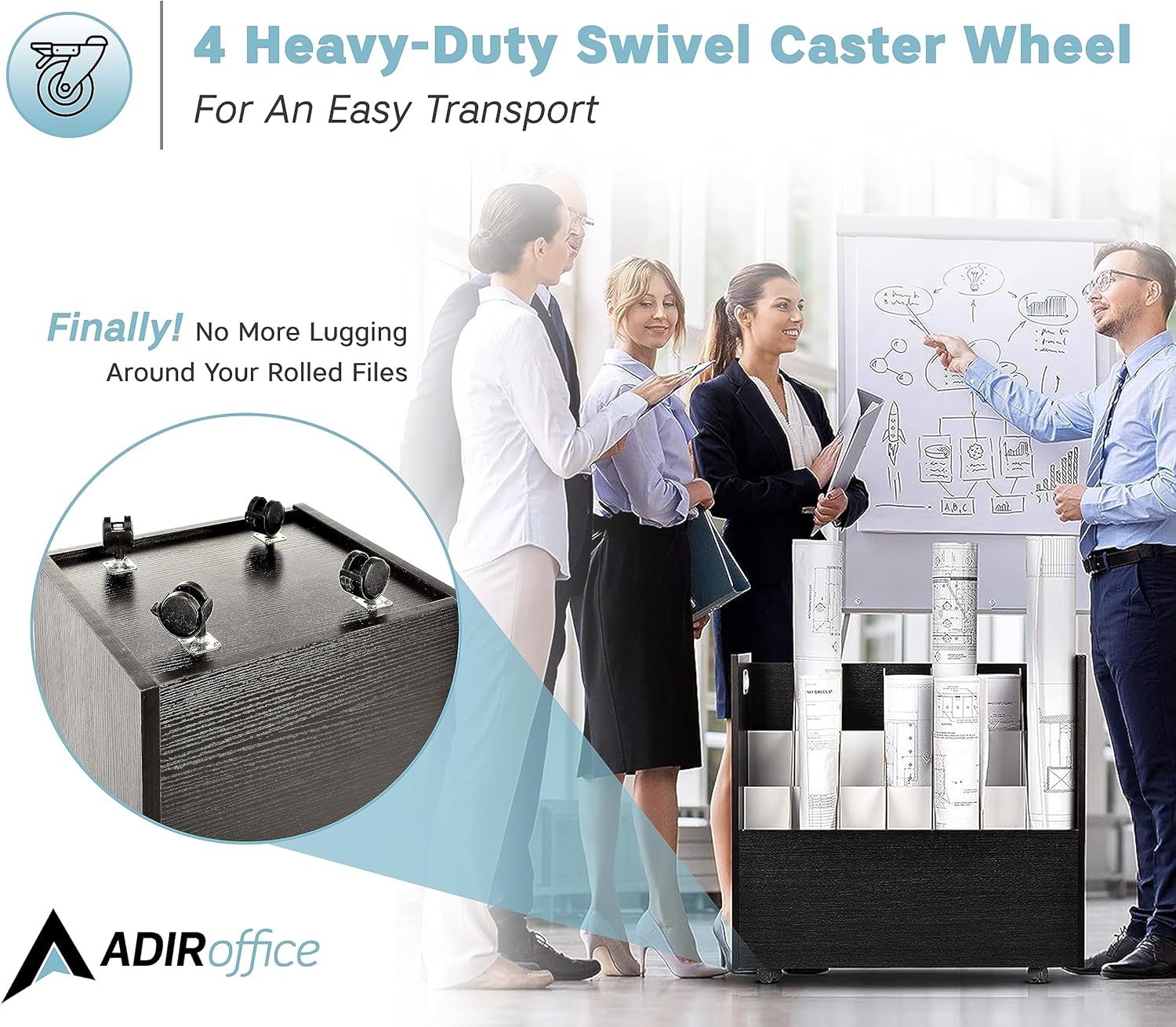 AdirOffice Adir Blue Print Storage Organizer - Mobile Roll File Cart, Construction Plan Holders, Blueprint Cabinet with Wheels, Roll Files Storage for Office and Home (21 Slots, Black)