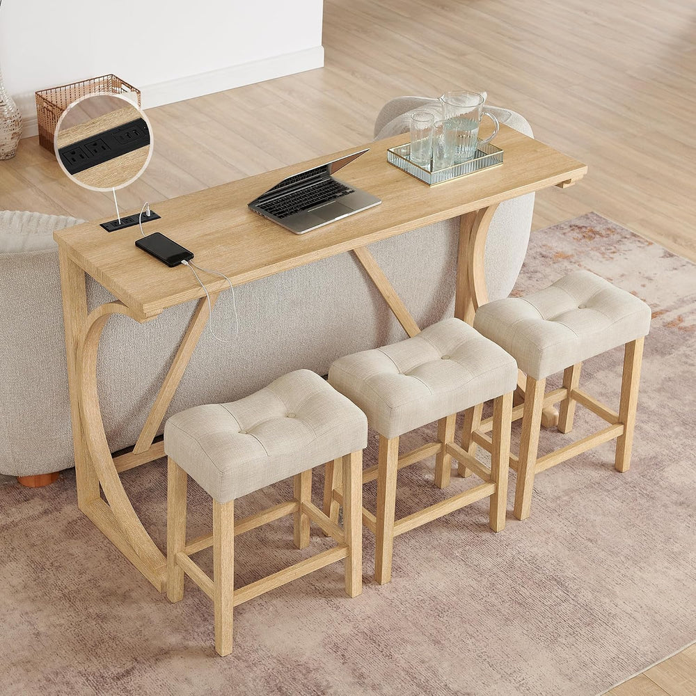 Merax 59 Inch Industrial Bar Table Set with Power Outlet, 3 Linen Upholstered...