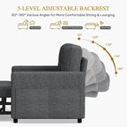 DWVO 55" Convertible Sofa Bed, 3-in-1 Sleeper Sofa with Pull-Out Bed, Linen Futon Couch with Adjustable Backrest and Side Pocket, Modern Loveseat for Living Room Apartment, Grey