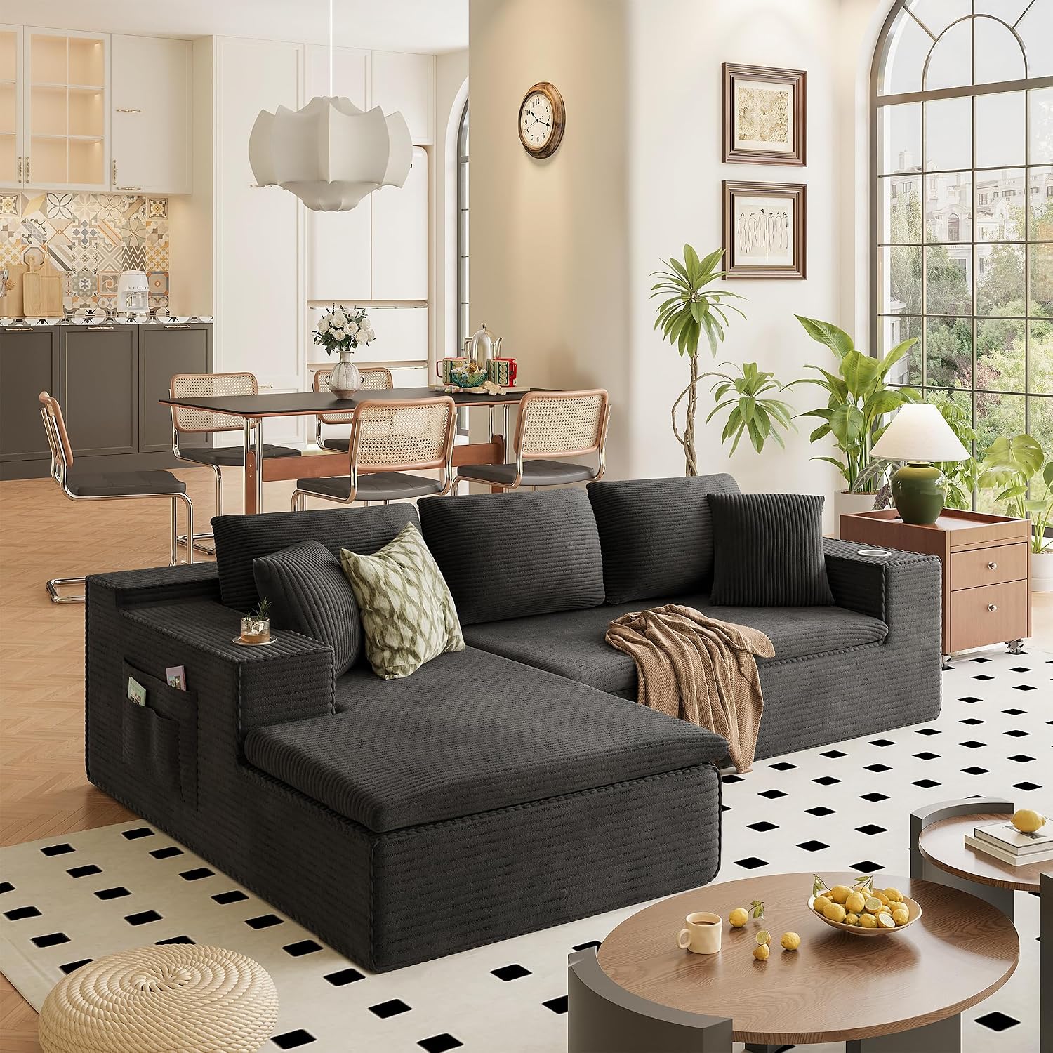 Homall 109" Boneless Couch with Memory Foam, Modular Sectional Sofa with L-Shape Chaise, Cloud Couch with Deep Seat, Dual Cup Holders & Side Pockets, No Assembly Required (Black)