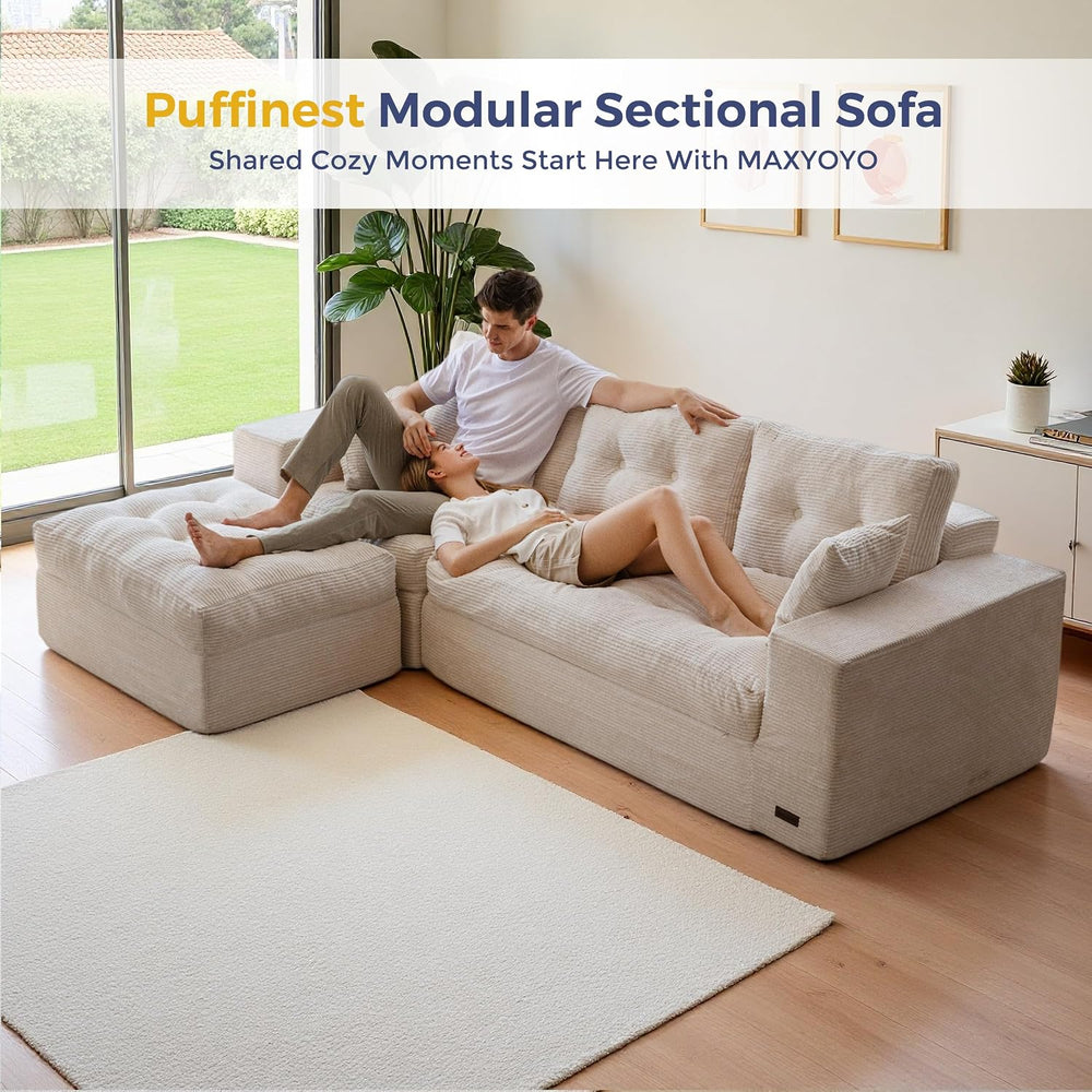 MAXYOYO Couch, 96-Inch L-Shaped Cloud Couch with Ottoman | Beige Layered Cush...
