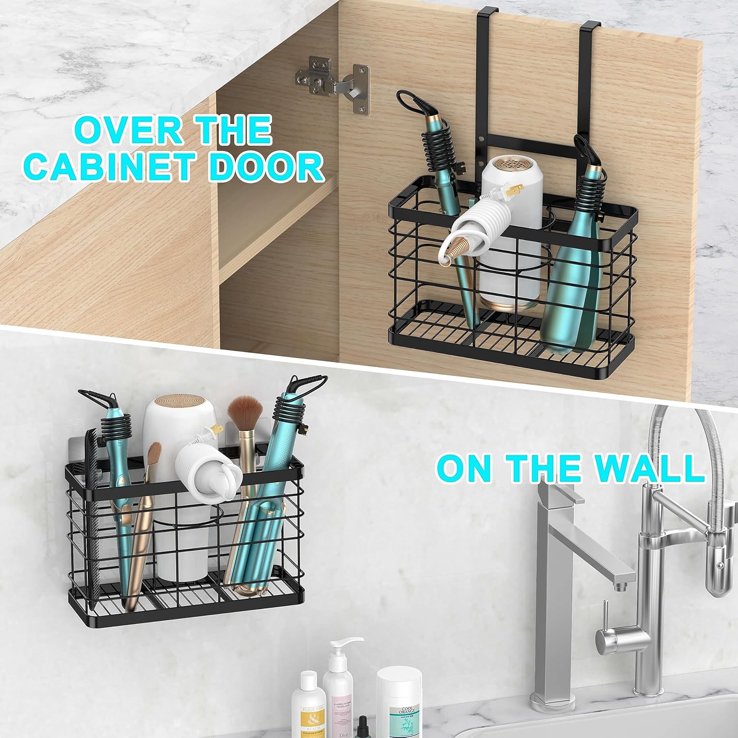 Hair Tool Organizer - Blow Dryer & Hair Dryer Holder Cabinet Door, Bathroom Organizer & Storage Basket for Styling Tools