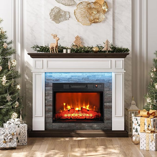 44" Electric Fireplace Mantel, LED Farmhouse TV Stand with Electric Fireplace Heater, Stacked Stone Surround and Remote Control 3D Realistic Flame, White Fireplace for Living Room Bedroom