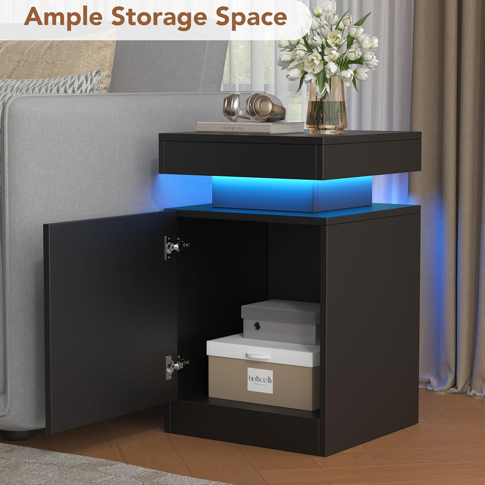 Nightstands Set 2, 15 Inches LED Night Stand Set of 2, Modern Bedside Table w...