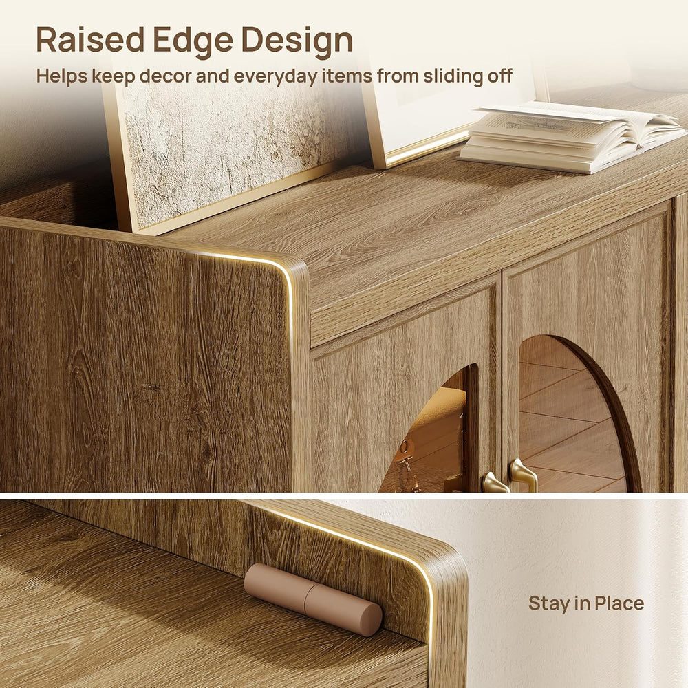 SICOTAS Sideboard Buffet Cabinet with Storage, LED Lights, Arch Glass Doors