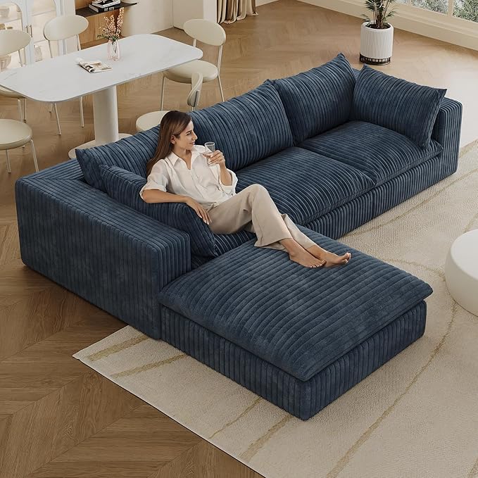 118.2" L Shaped Modular Sectional Cloud Couch with Ottoman, Plush Corduroy Upholstered Compression Sofa, 4-Seat Deep Seat Boneless Sofa Couches with Throw Pillow
