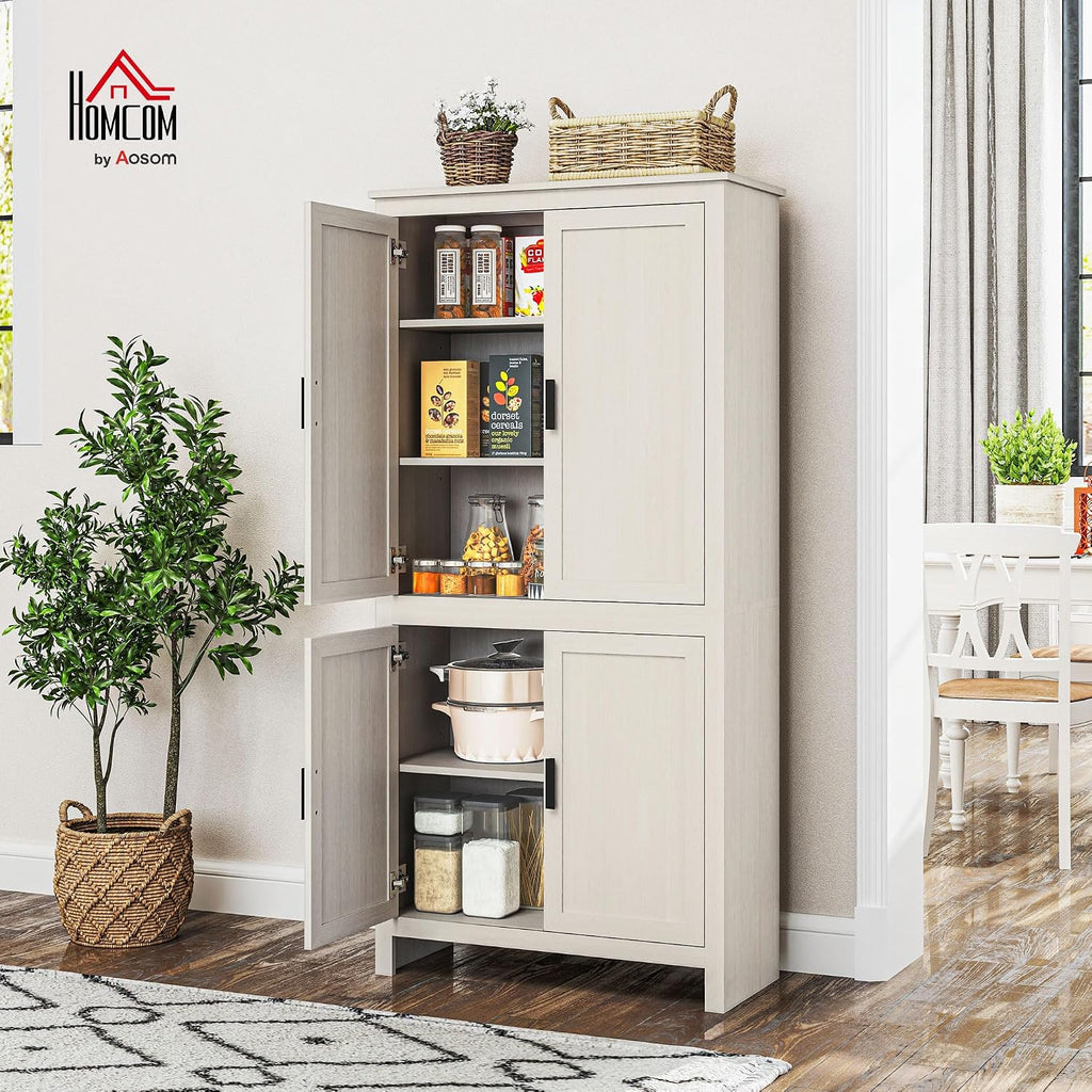 HOMCOM 64" Kitchen Pantry Cabinet Freestanding with 4 Doors Antique White | Storage Cabinet, 3 Adjustable Shelves, for Dining Room