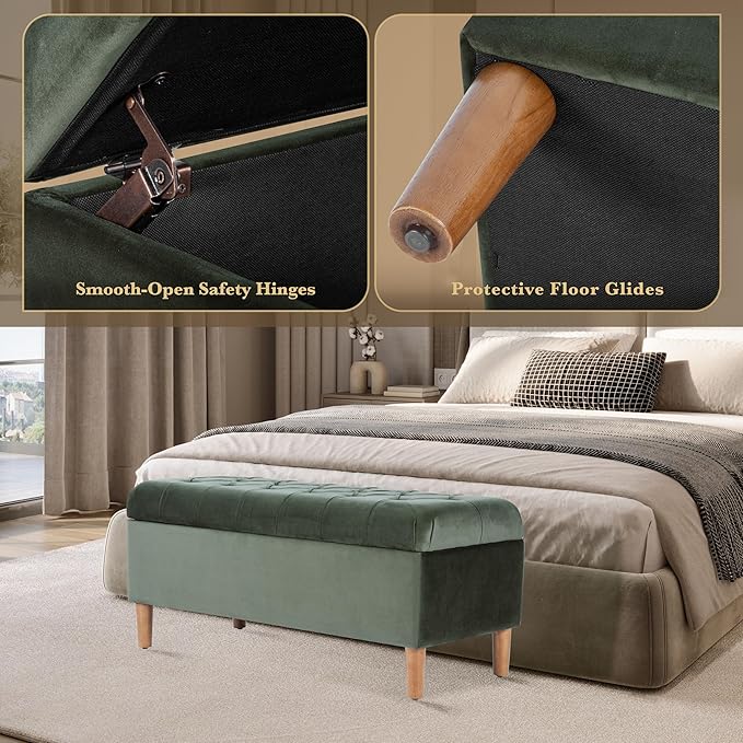 HomePop Home Decor | Tufted Ainsley Button Storage Ottoman Bench with Hinged Lid | Ottoman Bench with Storage for Living Room & Bedroom,Loden Green Velvet