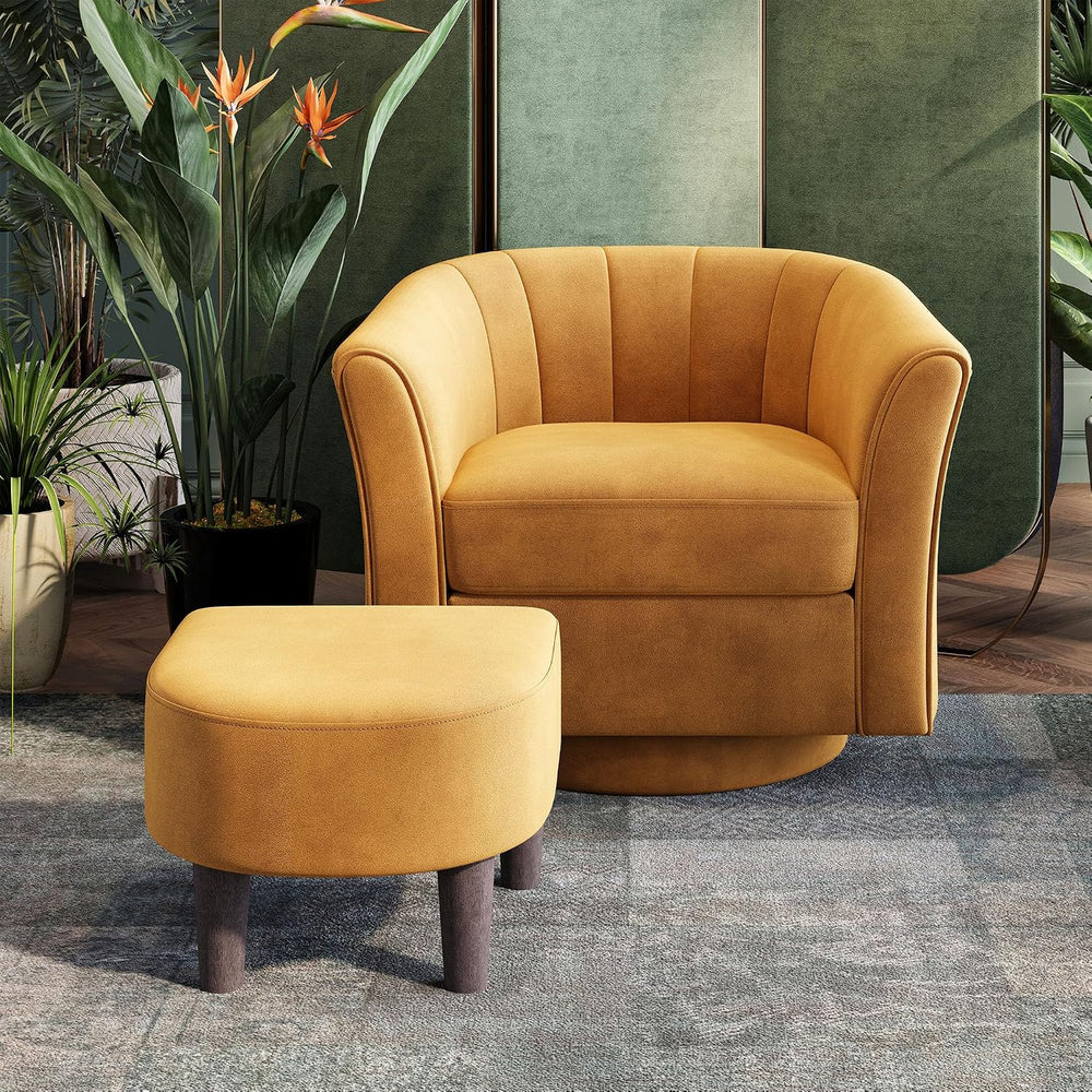 LINSY Large Swivel Accent Chair with Ottoman, Velvet Barrel Chair with Footre...