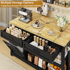 DynJest Kitchen Island with Storage and Seating Include 2 Bar Stools, Black | 47" Solid Rubberwood Island Table with Trash Can Storage, Power Outlets, 2 Drawers & Open Shelves Cabinet, Dining Table for 2