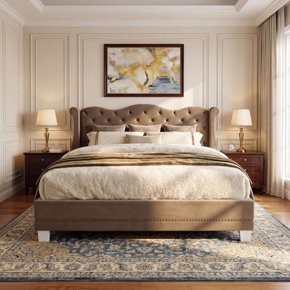 Merax Brown King Size Velvet Upholstered Bed Frame with Thick Tufted Wingback...