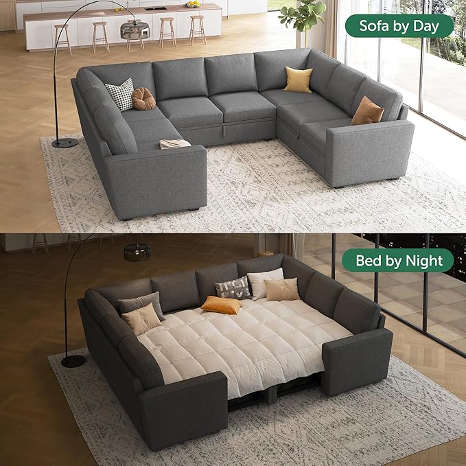 HONBAY Sleeper Sectional Couch with Pull Out Bed, Modular Sleeper Sofa with Storage, U Shaped Sectional Couches for Living Room, Dark Grey