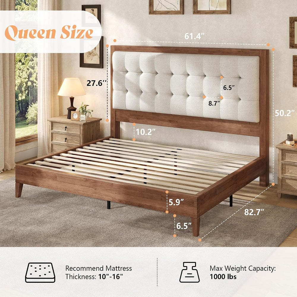 AMERLIFE Solid Wood Queen Bed Frame 50.2" Upholstered Headboard, Walnut