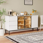 Freestanding Storage Cabinet with 3 Dawers, 3 Shelves, Single Door & French Door, Rectangular Wood Kitchen Pantry, Modern Minimalist, for Living Room, Dining Room, White