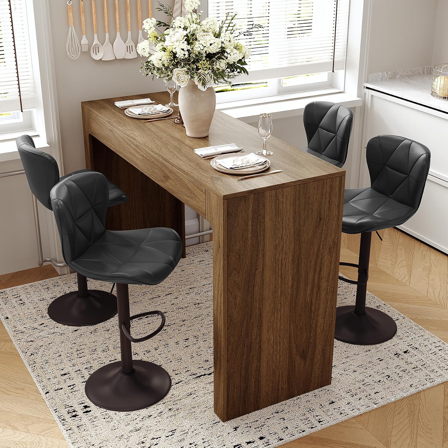 Miereirl 3-Piece Counter Height Bar Table Set, 55 Inch Walnut Pub Dining Table & 2 White Swivel Adjustable Bar Stools, PU Leather Counter Chairs with Backrest for Kitchen Island Dining Room