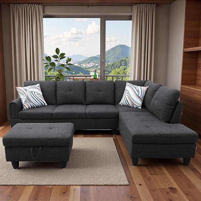 Sectional Couches for Living Room with Movable Chaise & Storage Ottoman - 97.5" Linen L Shaped Couches for Living Room Apartment, 4 Seat Home Furniture Modular Sectional Sofas, Black Grey