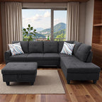 Sectional Couches for Living Room with Movable Chaise & Storage Ottoman - 97.5" Linen L Shaped Couches for Living Room Apartment, 4 Seat Home Furniture Modular Sectional Sofas, Black Grey