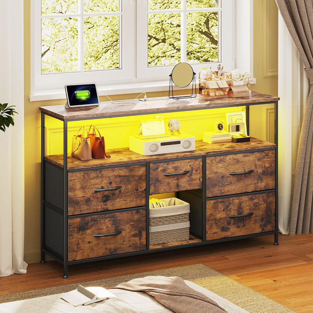 Romorgniz TV Stand for 45/50" TVs, 5 Drawers & LED Lights & Power Outlets | Strong Metal Frame for Stability, Spacious Shelves Display Collections & Keep Organized, Dresser for Bedroom & Studio, Brown