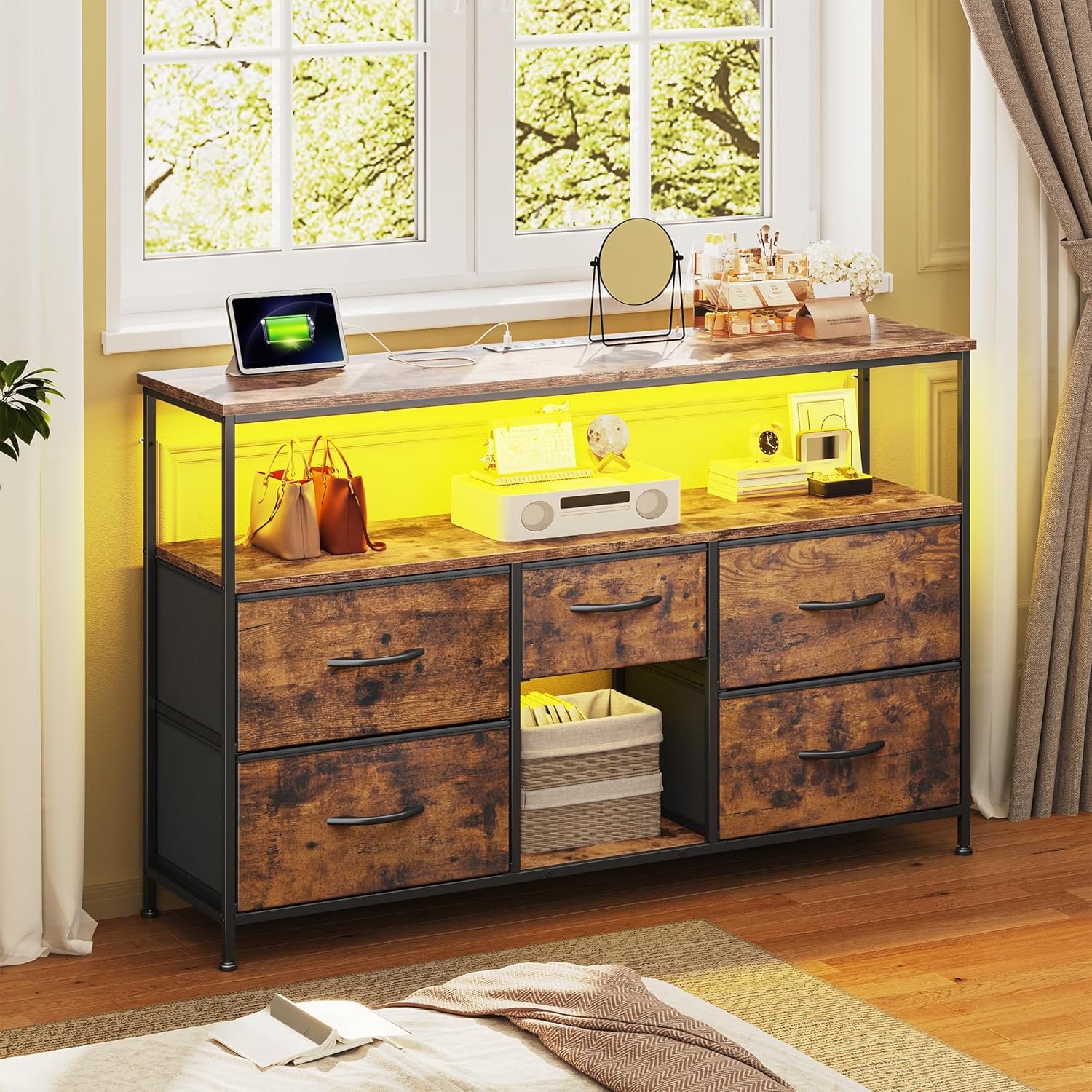 Romorgniz TV Stand for 45/50" TVs, 5 Drawers & LED Lights & Power Outlets | Strong Metal Frame for Stability, Spacious Shelves Display Collections & Keep Organized, Dresser for Bedroom & Studio, Brown