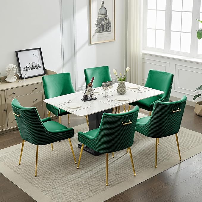 Velvet Dining Chairs Set of 4 Gold Legs,Upholstered Velvet Accent Chairs, Pleated Back Design & Gold Pull Handle, Mid Century Modern Chairs for Dining/Kitchen/Living Room,Green