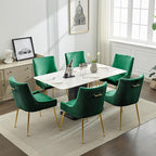 Velvet Dining Chairs Set of 6 Gold Legs,Upholstered Velvet Accent Chairs, Pleated Back Design & Gold Pull Handle, Mid Century Modern Chairs for Dining/Kitchen/Living Room,Green