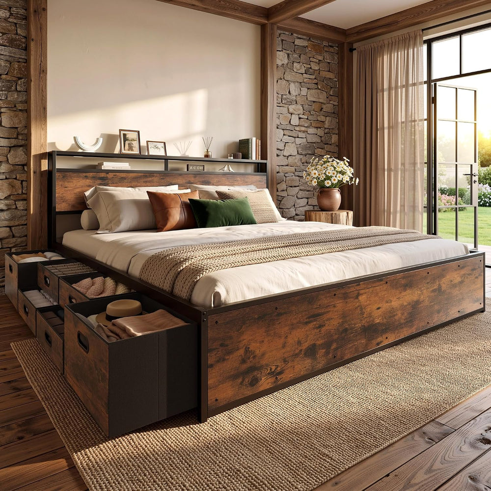 LIKIMIO King Size Bed Frame with 12 Storage Drawers and Headboard