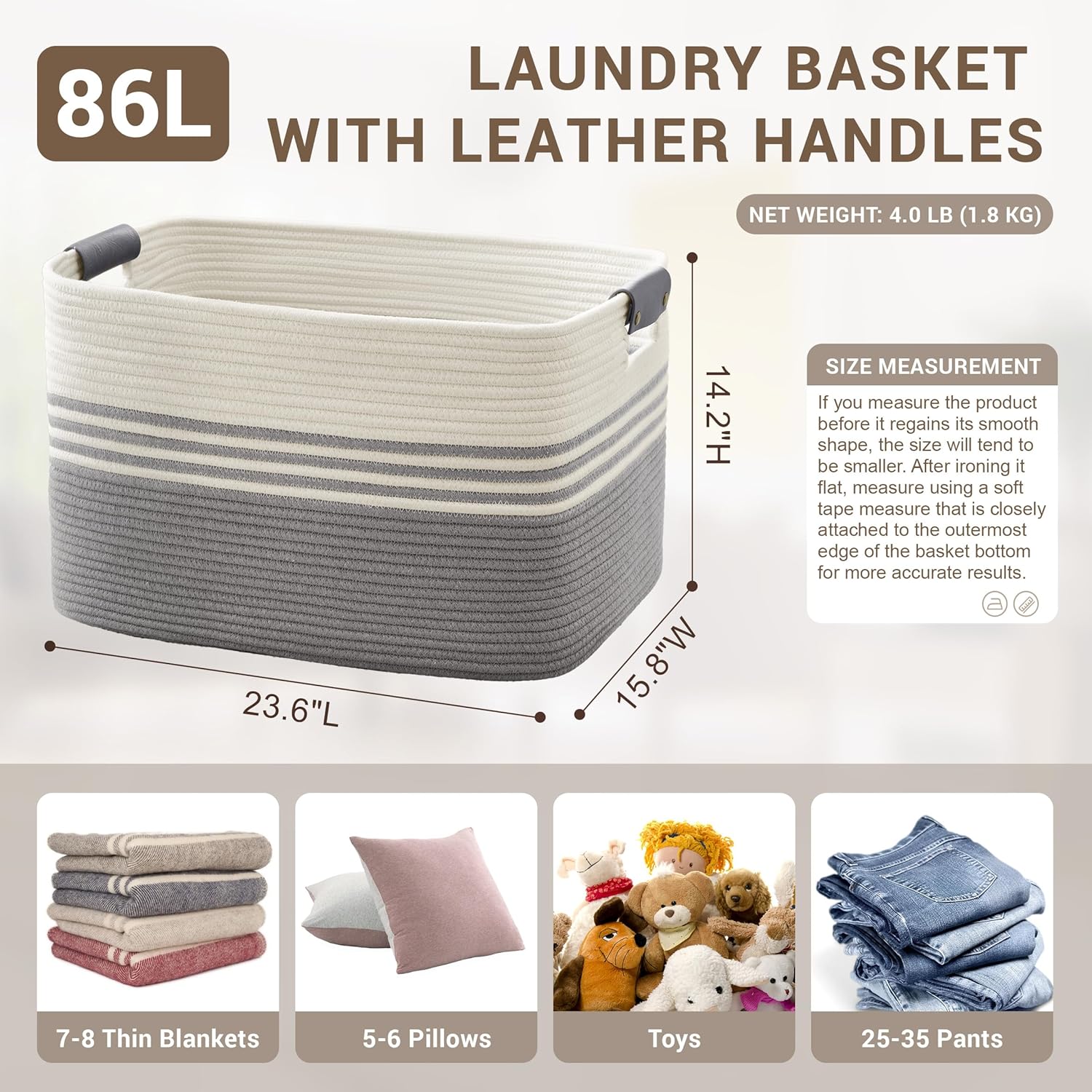 86L Extra Large Laundry Basket with Leather Handles for Living Room Storage, Woven Rope Baskets for Blanket, Kids Toy, Gifts, Wicker Hamper for Bedroom Dirty Clothes, 24"x16"x14" White Grey