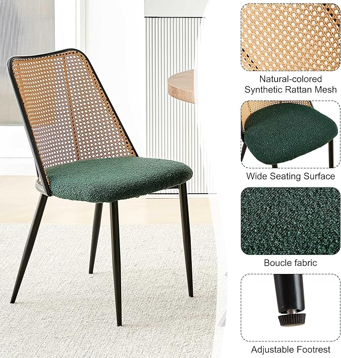 Rattan Chairs Green Set of 2, Woven Cane Dining Chairs Upholstered Boucle Stylish Cozy Kitchen Accent Chairs Armless
