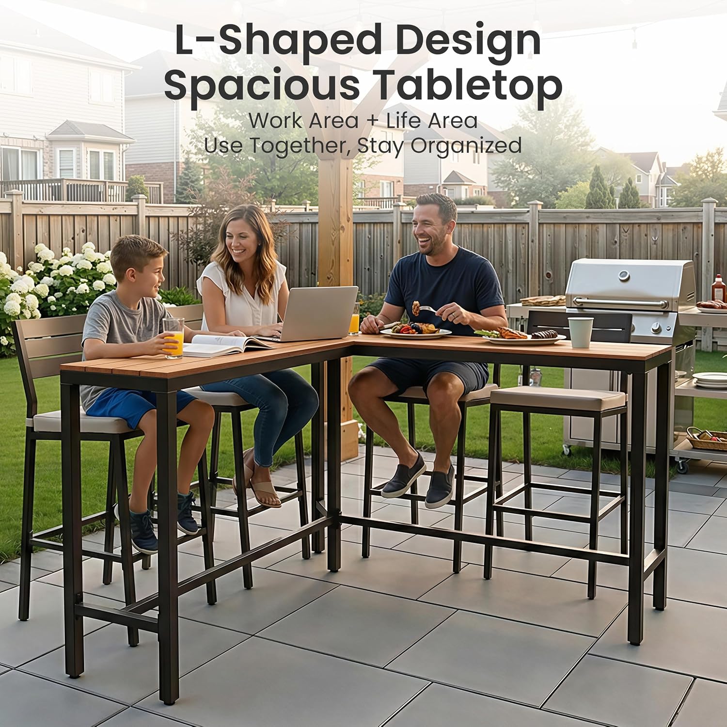 Outdoor Bar Table, 55" L-Shaped Pub Table with Slatted Waterproof Top | Slatted Tabletop, Weather-resistant, Sturdy Frame, Versatile for Balcony, Backyard, Bistro, Garden, Poolside.