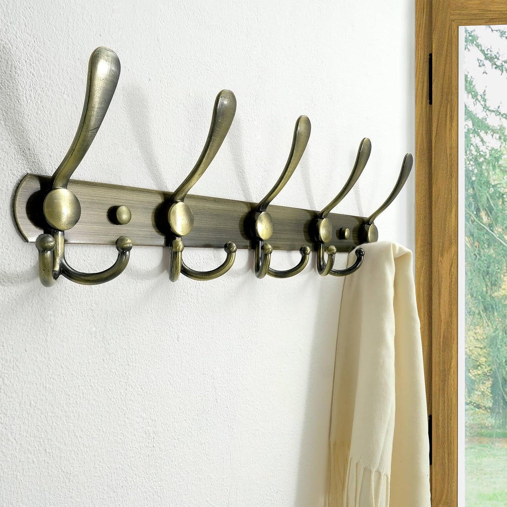 Dseap Wall Mounted Coat Rack - 5 Tri Hooks, Heavy Duty, Stainless Steel, Metal Coat Hook Rail for Coat Hat Towel Purse Robes Mudroom Bathroom Entryway (Bronze, 2 Packs)