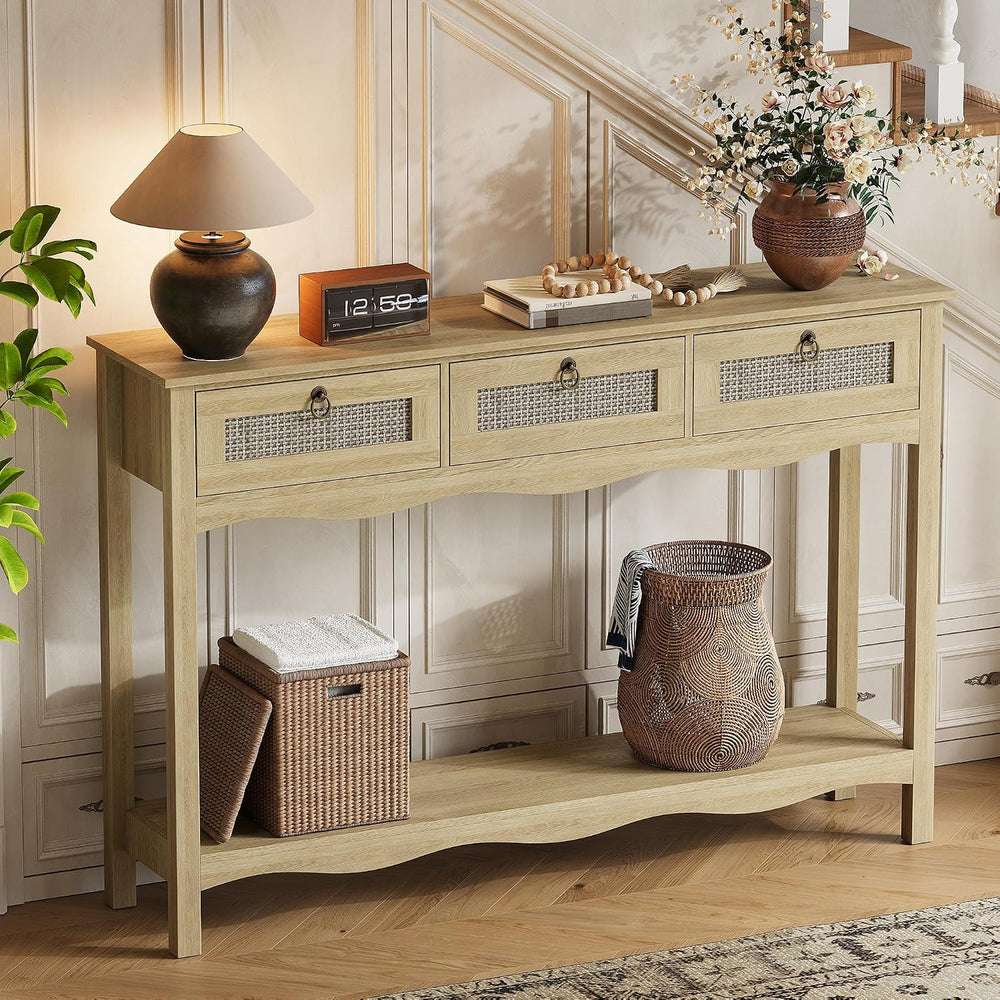 LAZZO 47.3" Rattan Console Table with Wavy-Edge, Narrow Long Sofa Table ...