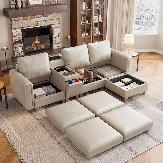 SITJOY 105" Faux Leather Modular Sectional Sofa with Storage, Mid Century Modern Sectional Couches for Living Room, 4 Seat L Shaped Couch with Ottoman and Console Table, Hidden Cupholders, Greige