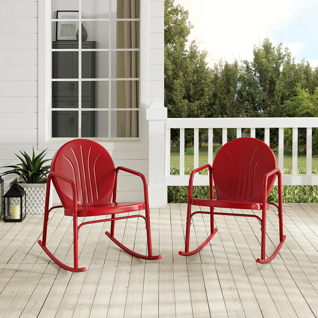 Crosley Furniture Griffith Retro Metal Outdoor Rocking Chairs, Set of 2, for Porch, Deck, Balcony, Backyard, Bright Red Gloss