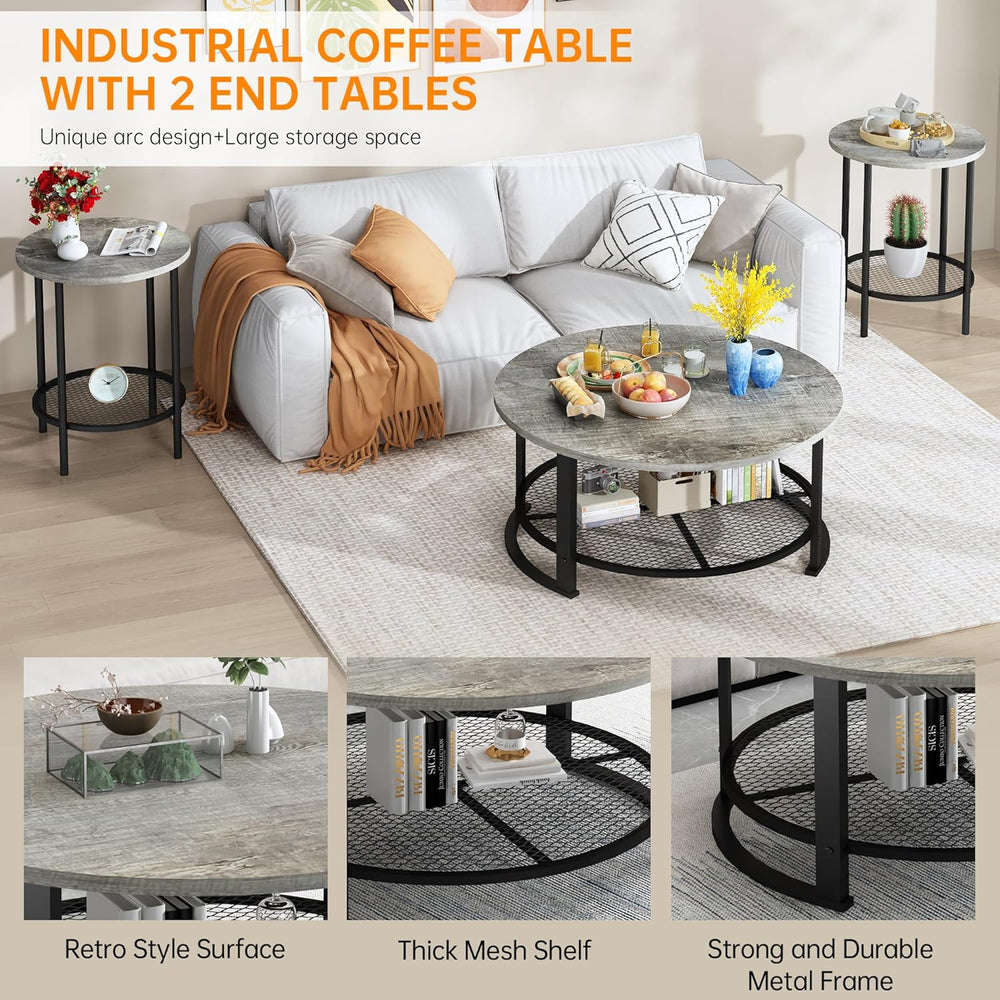 DKLGG 3-Piece Coffee Table and End Table Sets for Living Room, Round Coffee T...